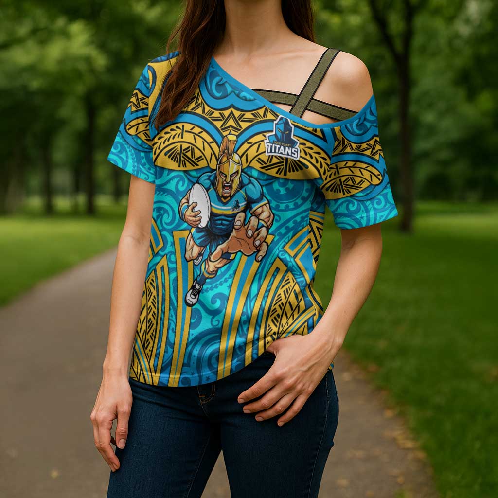 Gold Coast Titans Rugby Cross Shoulder Shirt Polynesian Tribal Spartan Warrior Blue Gold Pattern