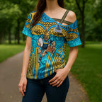 Gold Coast Titans Rugby Cross Shoulder Shirt Polynesian Tribal Spartan Warrior Blue Gold Pattern