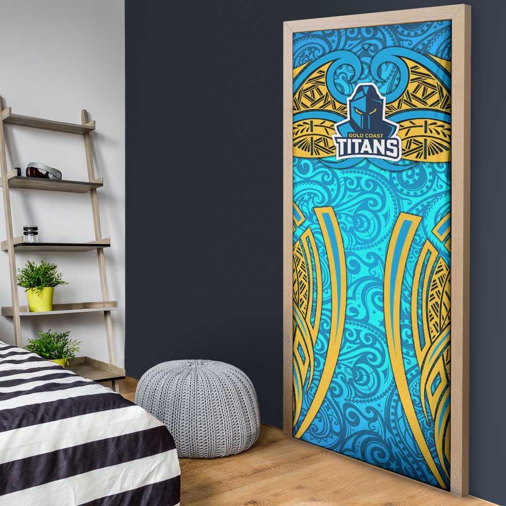 Gold Coast Titans Rugby Door Cover Polynesian Tribal Spartan Warrior Blue Gold Pattern