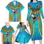 Gold Coast Titans Rugby Family Matching Long Sleeve Bodycon Dress and Hawaiian Shirt Polynesian Tribal Spartan Warrior Blue Gold Pattern