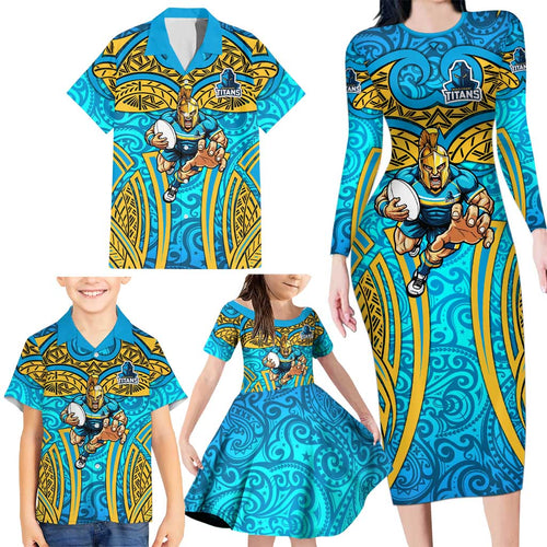 Gold Coast Titans Rugby Family Matching Long Sleeve Bodycon Dress and Hawaiian Shirt Polynesian Tribal Spartan Warrior Blue Gold Pattern