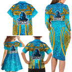 Gold Coast Titans Rugby Family Matching Long Sleeve Bodycon Dress and Hawaiian Shirt Polynesian Tribal Spartan Warrior Blue Gold Pattern