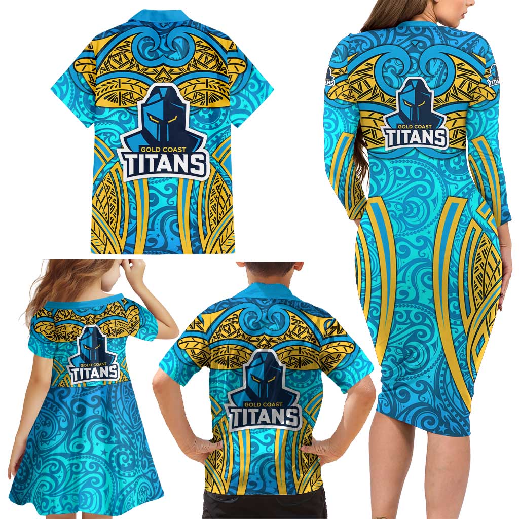 Gold Coast Titans Rugby Family Matching Long Sleeve Bodycon Dress and Hawaiian Shirt Polynesian Tribal Spartan Warrior Blue Gold Pattern