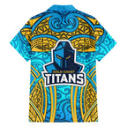 Gold Coast Titans Rugby Family Matching Long Sleeve Bodycon Dress and Hawaiian Shirt Polynesian Tribal Spartan Warrior Blue Gold Pattern