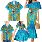 Gold Coast Titans Rugby Family Matching Mermaid Dress and Hawaiian Shirt Polynesian Tribal Spartan Warrior Blue Gold Pattern
