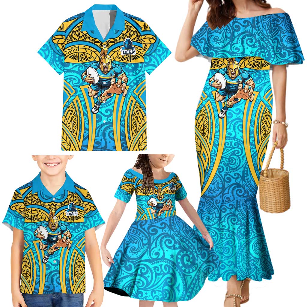 Gold Coast Titans Rugby Family Matching Mermaid Dress and Hawaiian Shirt Polynesian Tribal Spartan Warrior Blue Gold Pattern