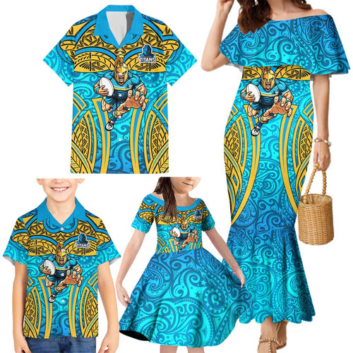 Gold Coast Titans Rugby Family Matching Mermaid Dress and Hawaiian Shirt Polynesian Tribal Spartan Warrior Blue Gold Pattern