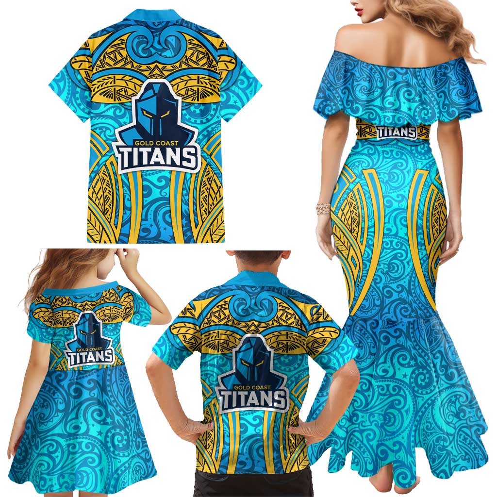 Gold Coast Titans Rugby Family Matching Mermaid Dress and Hawaiian Shirt Polynesian Tribal Spartan Warrior Blue Gold Pattern