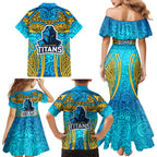 Gold Coast Titans Rugby Family Matching Mermaid Dress and Hawaiian Shirt Polynesian Tribal Spartan Warrior Blue Gold Pattern