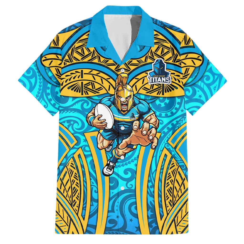 Gold Coast Titans Rugby Family Matching Mermaid Dress and Hawaiian Shirt Polynesian Tribal Spartan Warrior Blue Gold Pattern