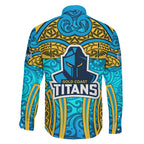 Gold Coast Titans Rugby Family Matching Mermaid Dress and Hawaiian Shirt Polynesian Tribal Spartan Warrior Blue Gold Pattern