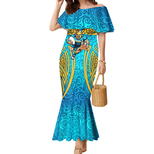 Gold Coast Titans Rugby Family Matching Mermaid Dress and Hawaiian Shirt Polynesian Tribal Spartan Warrior Blue Gold Pattern