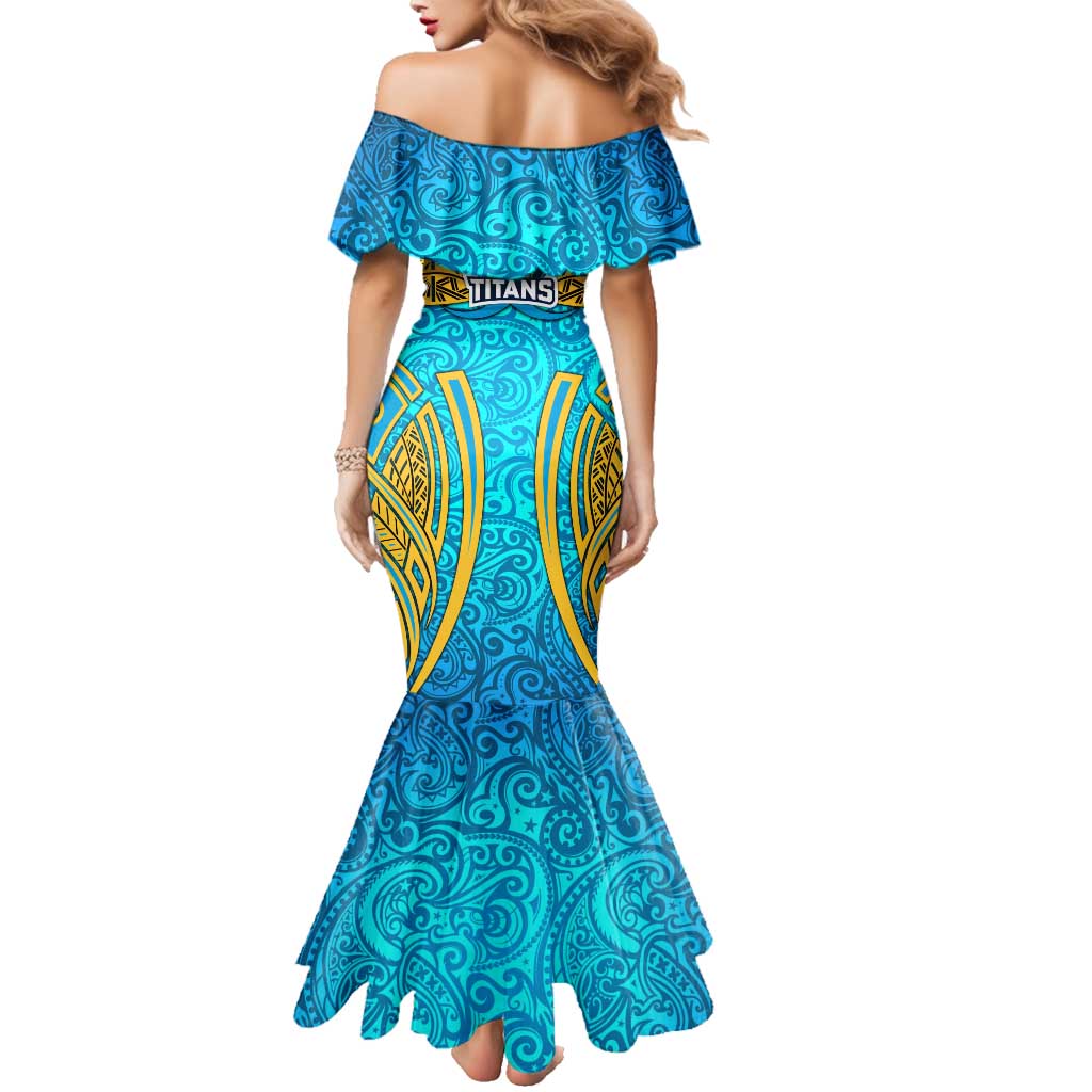 Gold Coast Titans Rugby Family Matching Mermaid Dress and Hawaiian Shirt Polynesian Tribal Spartan Warrior Blue Gold Pattern