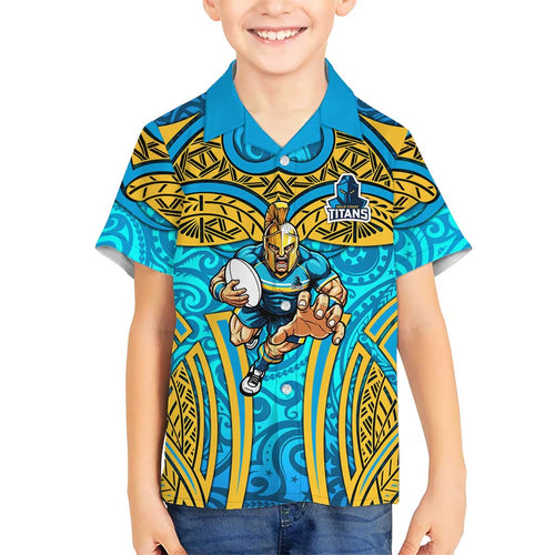 Gold Coast Titans Rugby Family Matching Mermaid Dress and Hawaiian Shirt Polynesian Tribal Spartan Warrior Blue Gold Pattern