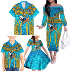 Gold Coast Titans Rugby Family Matching Off The Shoulder Long Sleeve Dress and Hawaiian Shirt Polynesian Tribal Spartan Warrior Blue Gold Pattern