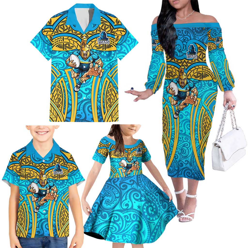 Gold Coast Titans Rugby Family Matching Off The Shoulder Long Sleeve Dress and Hawaiian Shirt Polynesian Tribal Spartan Warrior Blue Gold Pattern