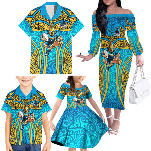 Gold Coast Titans Rugby Family Matching Off The Shoulder Long Sleeve Dress and Hawaiian Shirt Polynesian Tribal Spartan Warrior Blue Gold Pattern