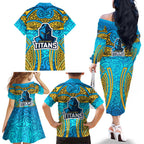 Gold Coast Titans Rugby Family Matching Off The Shoulder Long Sleeve Dress and Hawaiian Shirt Polynesian Tribal Spartan Warrior Blue Gold Pattern