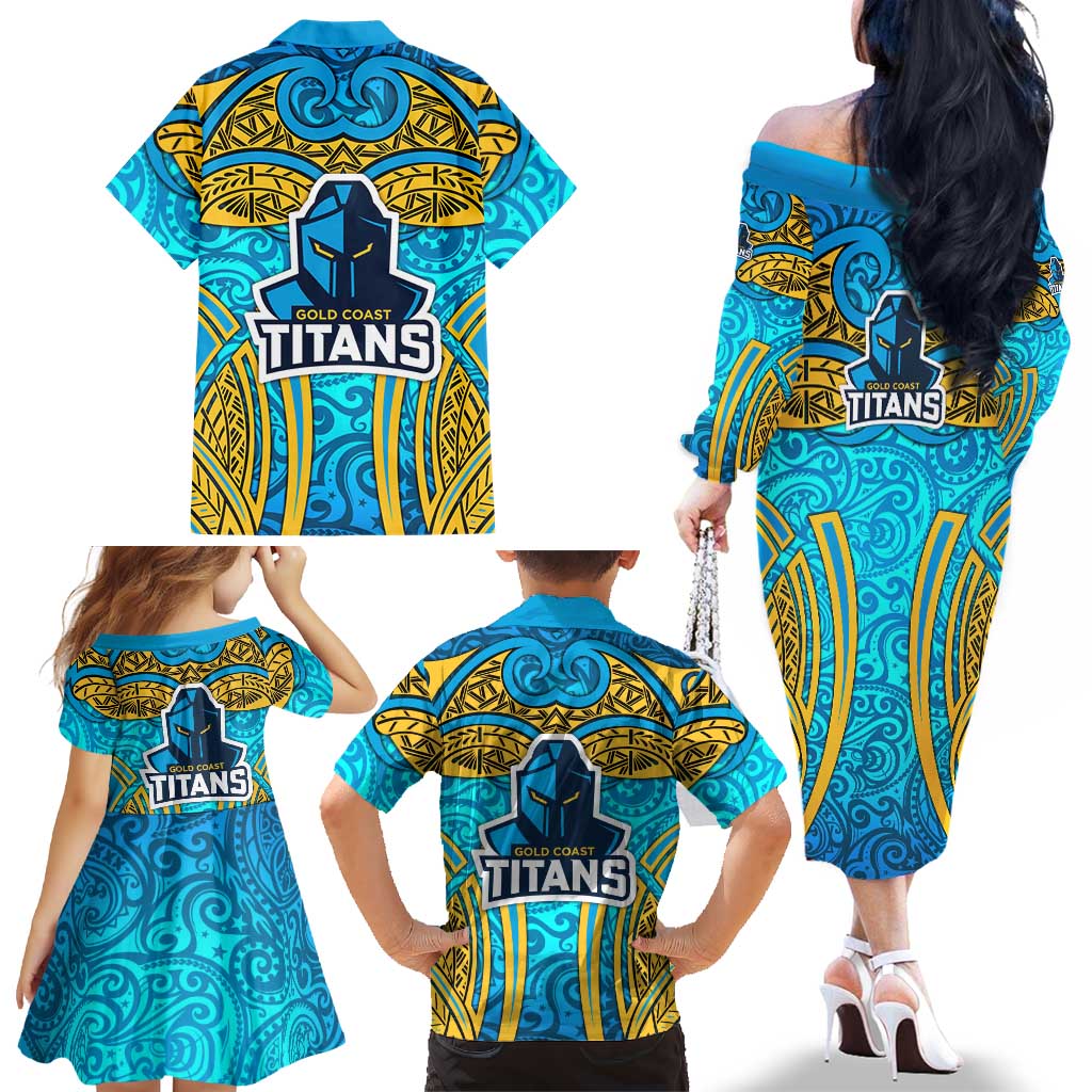 Gold Coast Titans Rugby Family Matching Off The Shoulder Long Sleeve Dress and Hawaiian Shirt Polynesian Tribal Spartan Warrior Blue Gold Pattern