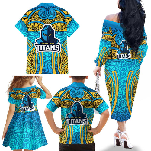 Gold Coast Titans Rugby Family Matching Off The Shoulder Long Sleeve Dress and Hawaiian Shirt Polynesian Tribal Spartan Warrior Blue Gold Pattern