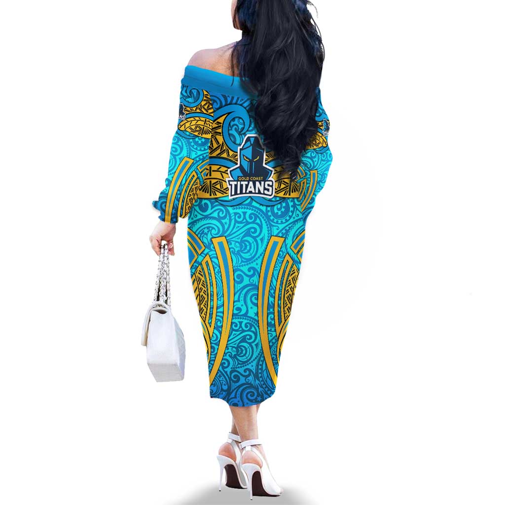 Gold Coast Titans Rugby Family Matching Off The Shoulder Long Sleeve Dress and Hawaiian Shirt Polynesian Tribal Spartan Warrior Blue Gold Pattern