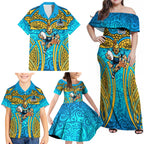 Gold Coast Titans Rugby Family Matching Off Shoulder Maxi Dress and Hawaiian Shirt Polynesian Tribal Spartan Warrior Blue Gold Pattern
