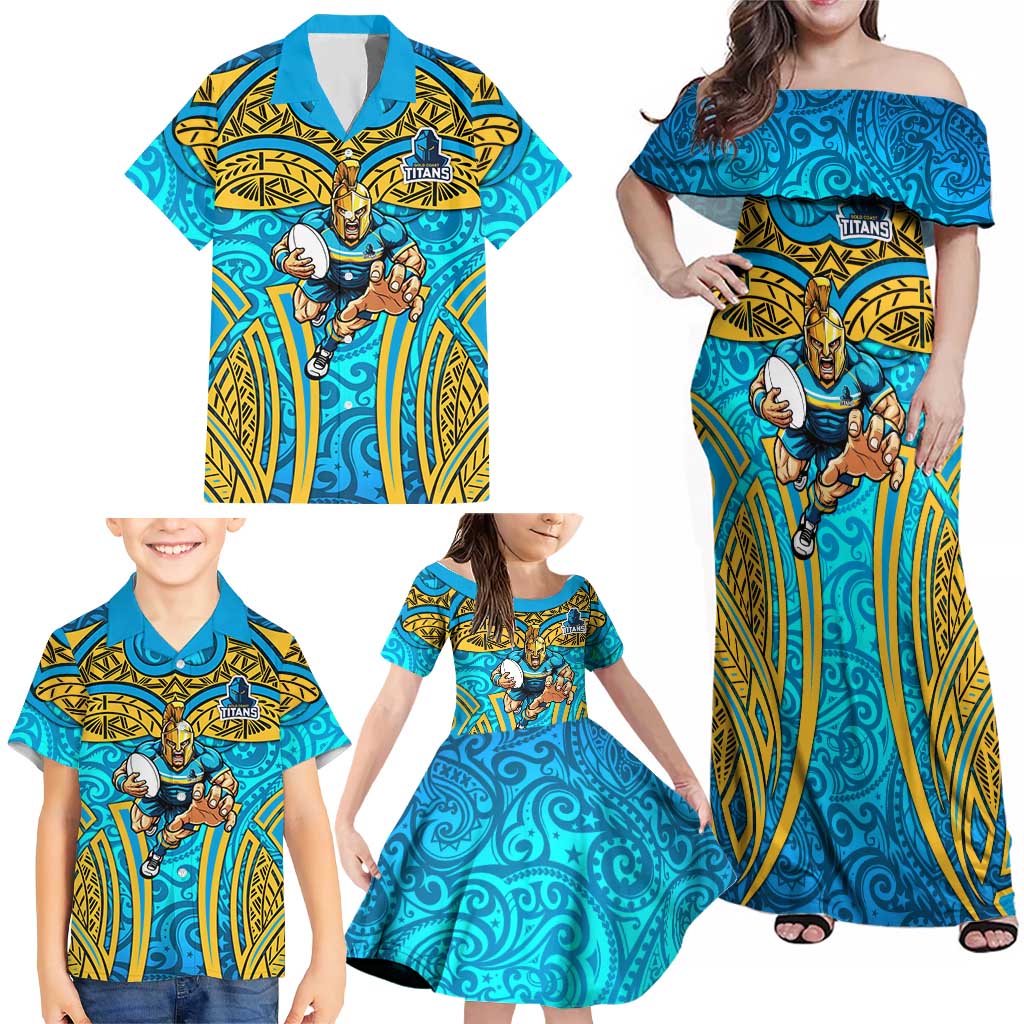 Gold Coast Titans Rugby Family Matching Off Shoulder Maxi Dress and Hawaiian Shirt Polynesian Tribal Spartan Warrior Blue Gold Pattern