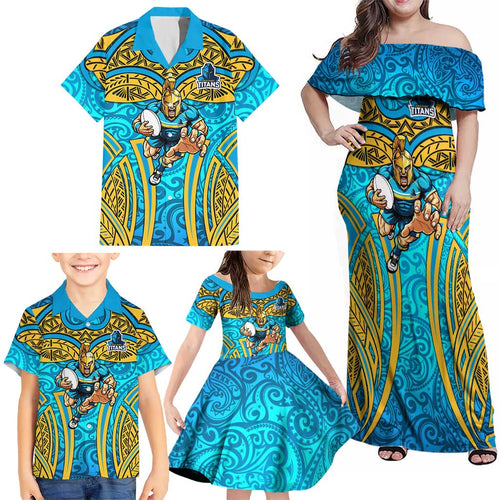 Gold Coast Titans Rugby Family Matching Off Shoulder Maxi Dress and Hawaiian Shirt Polynesian Tribal Spartan Warrior Blue Gold Pattern