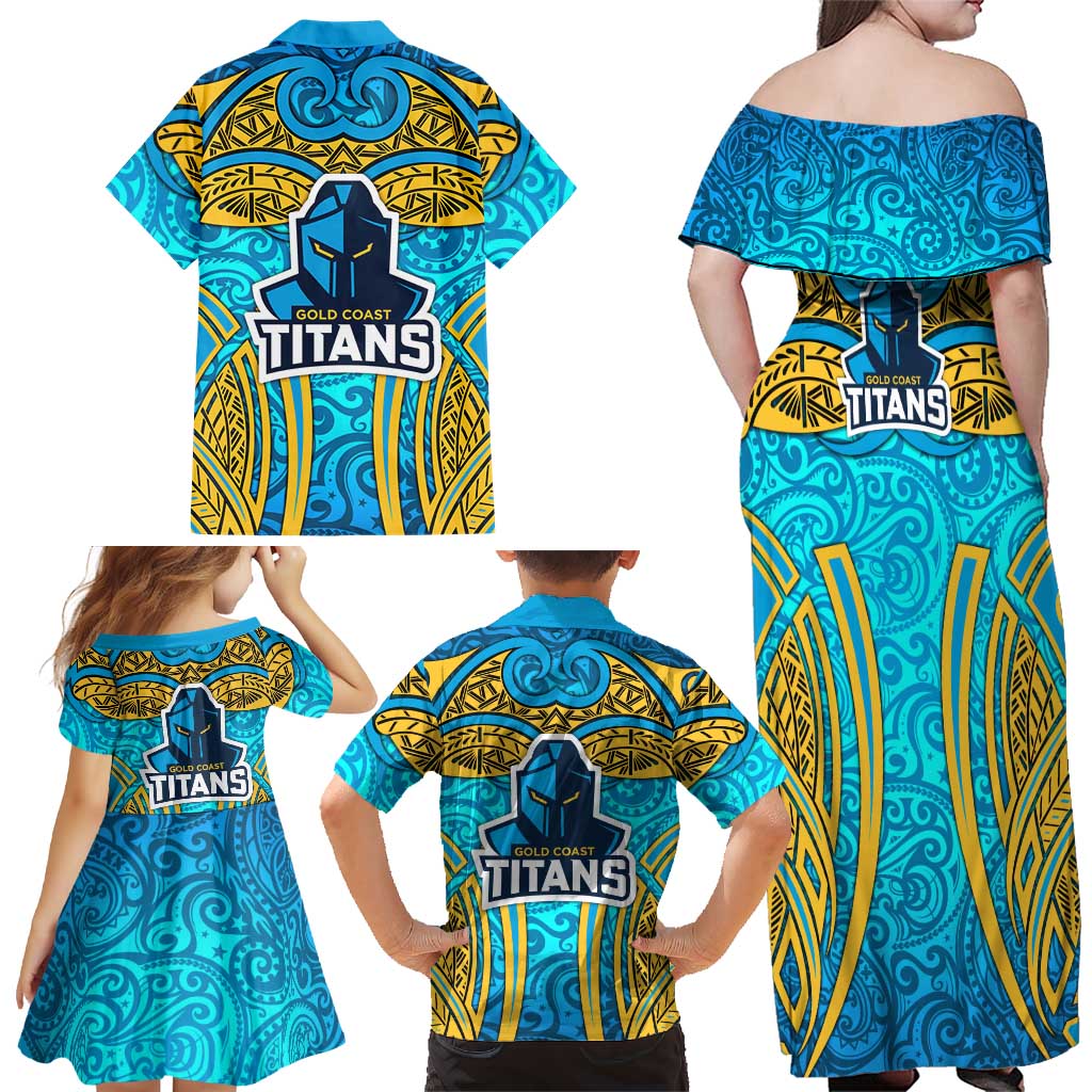 Gold Coast Titans Rugby Family Matching Off Shoulder Maxi Dress and Hawaiian Shirt Polynesian Tribal Spartan Warrior Blue Gold Pattern