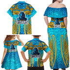 Gold Coast Titans Rugby Family Matching Off Shoulder Maxi Dress and Hawaiian Shirt Polynesian Tribal Spartan Warrior Blue Gold Pattern