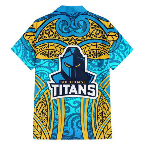 Gold Coast Titans Rugby Family Matching Off Shoulder Maxi Dress and Hawaiian Shirt Polynesian Tribal Spartan Warrior Blue Gold Pattern