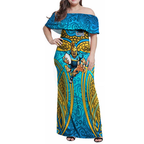 Gold Coast Titans Rugby Family Matching Off Shoulder Maxi Dress and Hawaiian Shirt Polynesian Tribal Spartan Warrior Blue Gold Pattern
