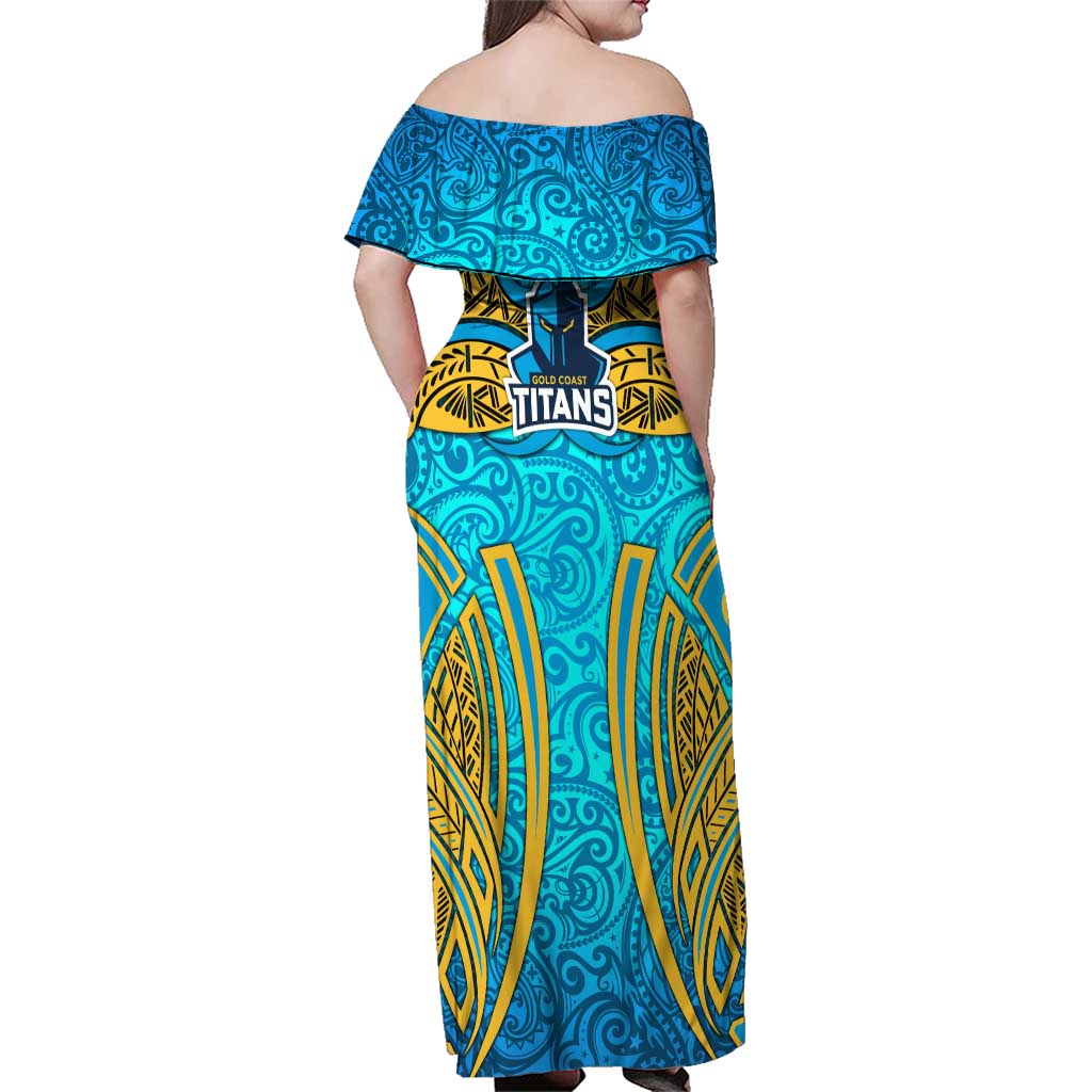 Gold Coast Titans Rugby Family Matching Off Shoulder Maxi Dress and Hawaiian Shirt Polynesian Tribal Spartan Warrior Blue Gold Pattern