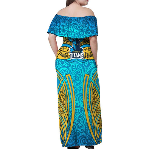 Gold Coast Titans Rugby Family Matching Off Shoulder Maxi Dress and Hawaiian Shirt Polynesian Tribal Spartan Warrior Blue Gold Pattern