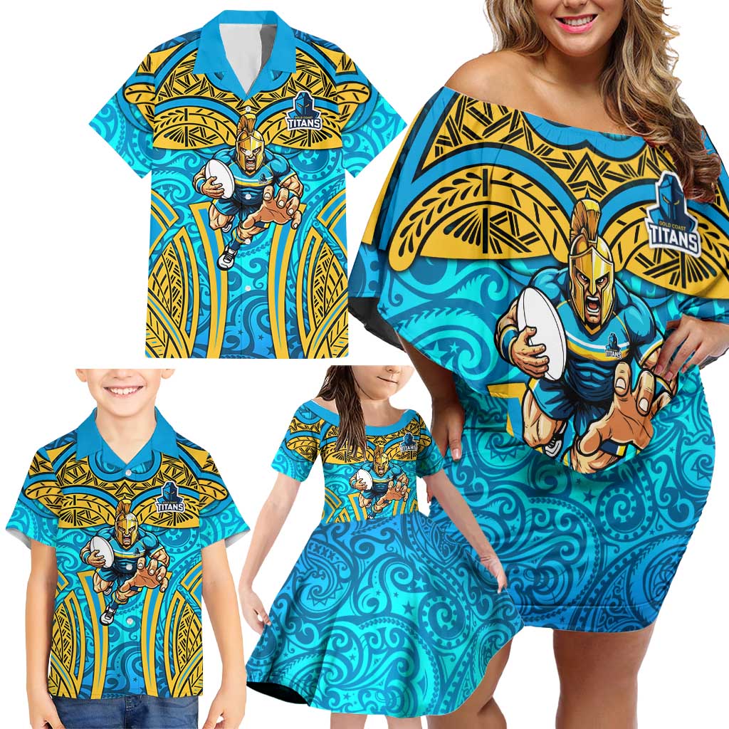 Gold Coast Titans Rugby Family Matching Off Shoulder Short Dress and Hawaiian Shirt Polynesian Tribal Spartan Warrior Blue Gold Pattern