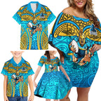 Gold Coast Titans Rugby Family Matching Off Shoulder Short Dress and Hawaiian Shirt Polynesian Tribal Spartan Warrior Blue Gold Pattern