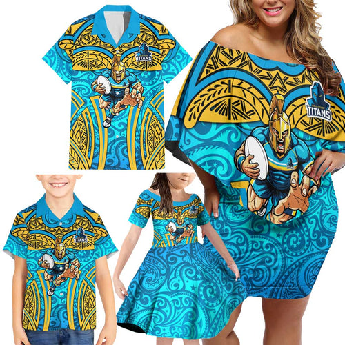 Gold Coast Titans Rugby Family Matching Off Shoulder Short Dress and Hawaiian Shirt Polynesian Tribal Spartan Warrior Blue Gold Pattern