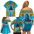 Gold Coast Titans Rugby Family Matching Off Shoulder Short Dress and Hawaiian Shirt Polynesian Tribal Spartan Warrior Blue Gold Pattern