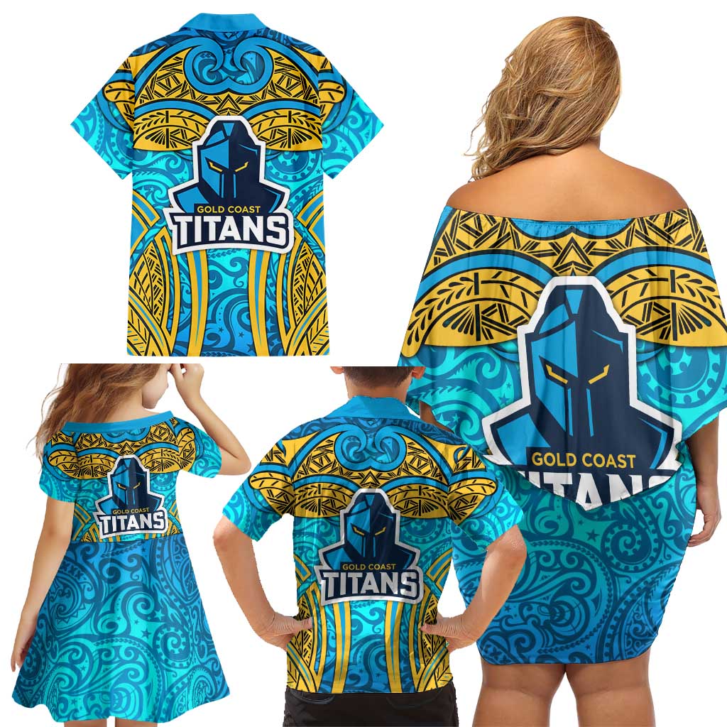 Gold Coast Titans Rugby Family Matching Off Shoulder Short Dress and Hawaiian Shirt Polynesian Tribal Spartan Warrior Blue Gold Pattern