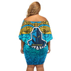 Gold Coast Titans Rugby Family Matching Off Shoulder Short Dress and Hawaiian Shirt Polynesian Tribal Spartan Warrior Blue Gold Pattern