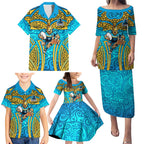 Gold Coast Titans Rugby Family Matching Puletasi and Hawaiian Shirt Polynesian Tribal Spartan Warrior Blue Gold Pattern