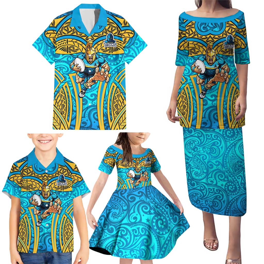 Gold Coast Titans Rugby Family Matching Puletasi and Hawaiian Shirt Polynesian Tribal Spartan Warrior Blue Gold Pattern