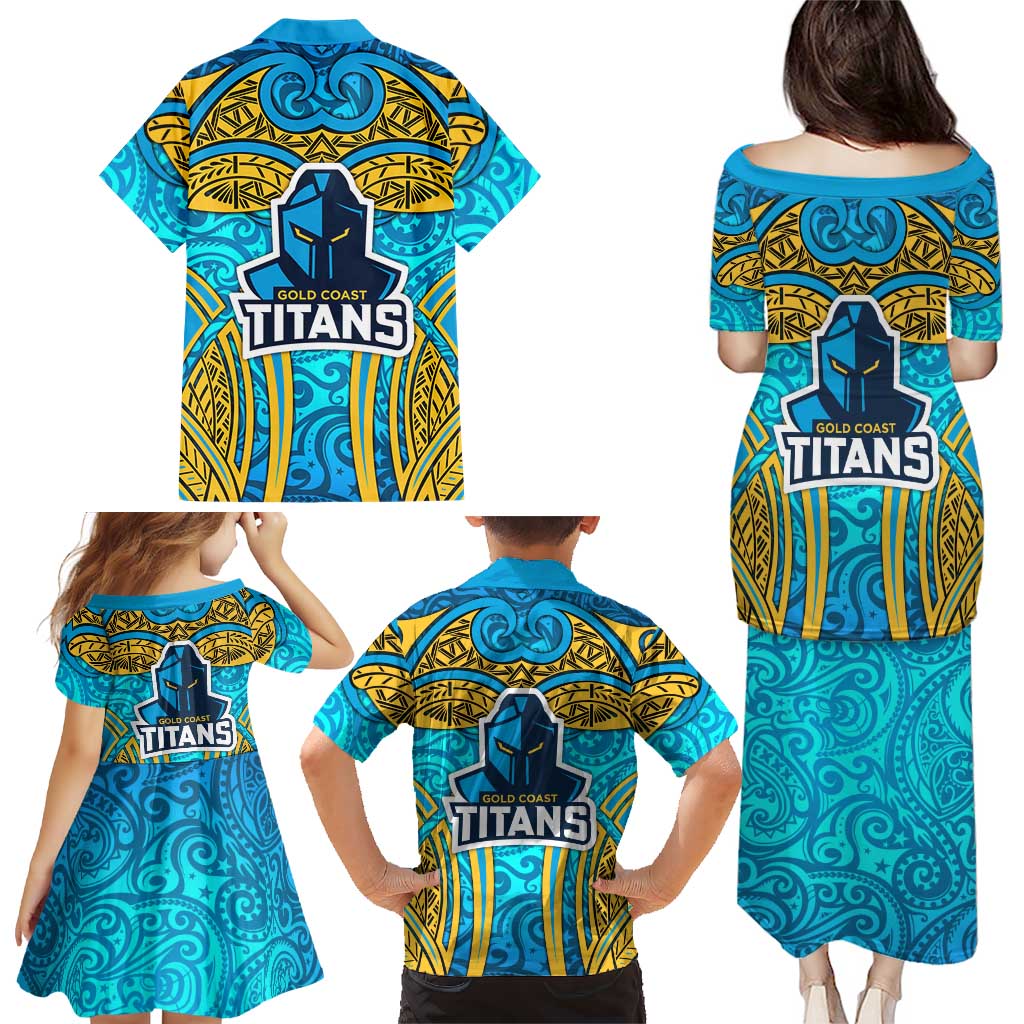 Gold Coast Titans Rugby Family Matching Puletasi and Hawaiian Shirt Polynesian Tribal Spartan Warrior Blue Gold Pattern