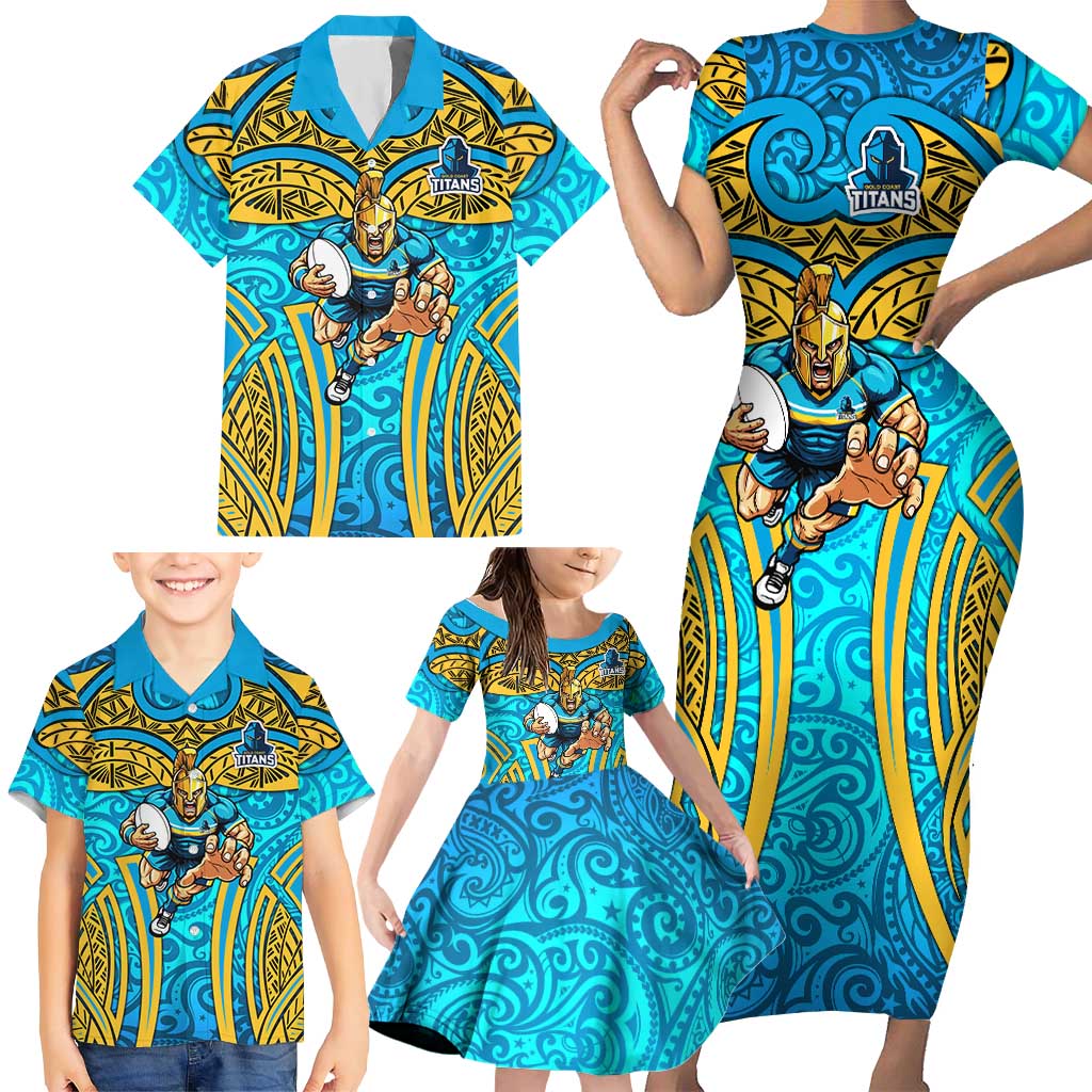 Gold Coast Titans Rugby Family Matching Short Sleeve Bodycon Dress and Hawaiian Shirt Polynesian Tribal Spartan Warrior Blue Gold Pattern