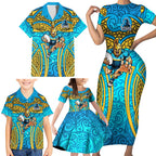 Gold Coast Titans Rugby Family Matching Short Sleeve Bodycon Dress and Hawaiian Shirt Polynesian Tribal Spartan Warrior Blue Gold Pattern