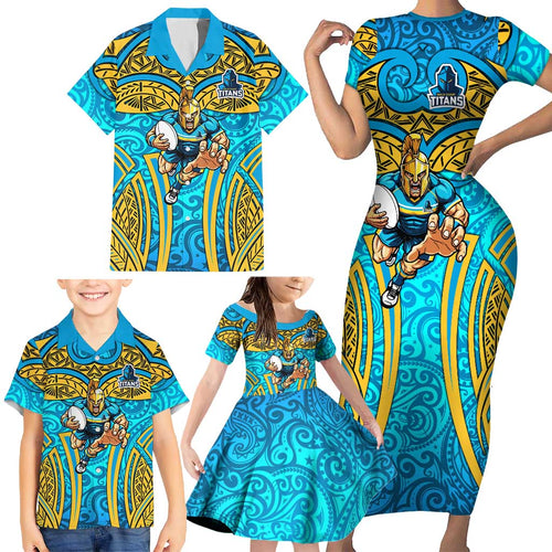 Gold Coast Titans Rugby Family Matching Short Sleeve Bodycon Dress and Hawaiian Shirt Polynesian Tribal Spartan Warrior Blue Gold Pattern