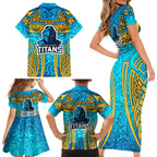 Gold Coast Titans Rugby Family Matching Short Sleeve Bodycon Dress and Hawaiian Shirt Polynesian Tribal Spartan Warrior Blue Gold Pattern