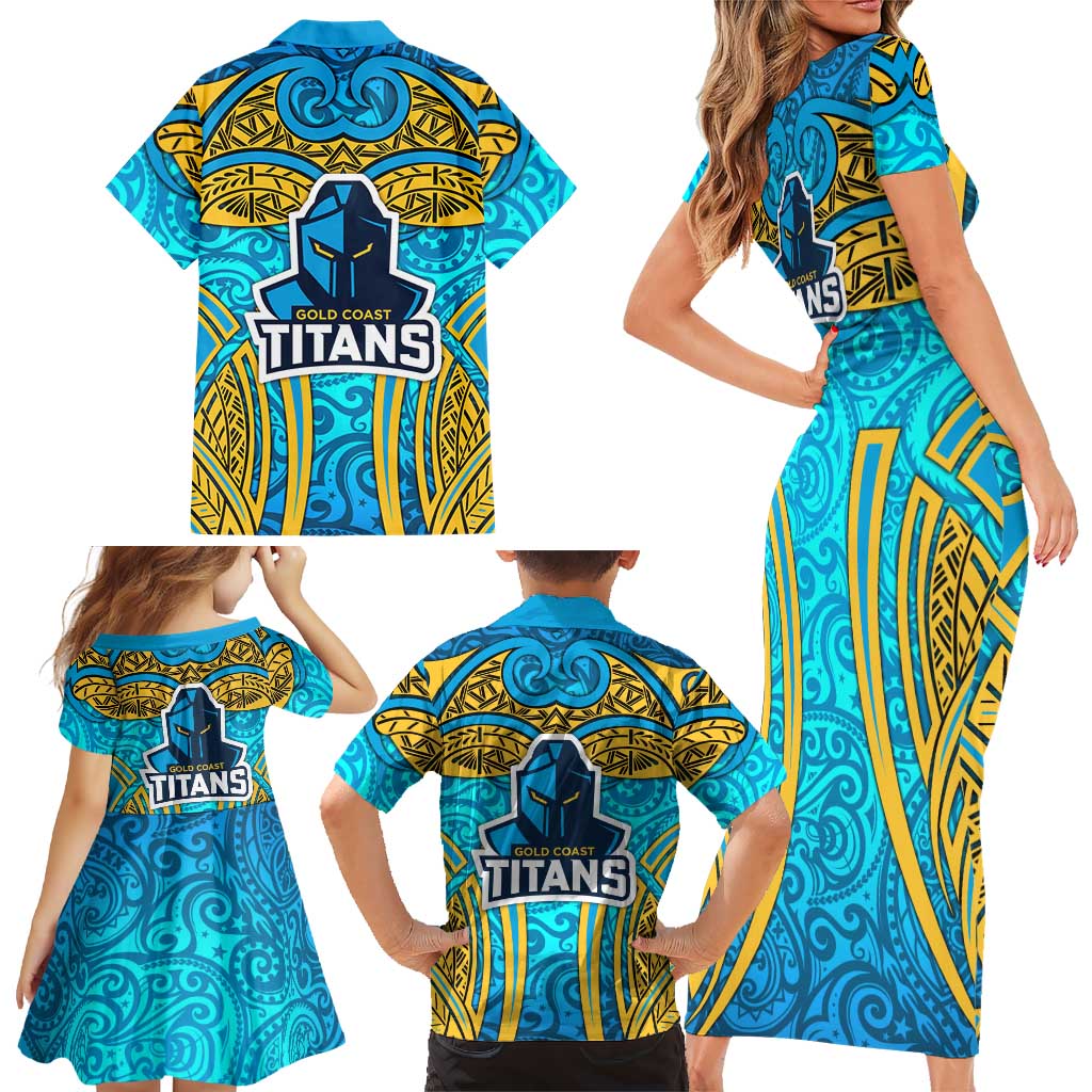Gold Coast Titans Rugby Family Matching Short Sleeve Bodycon Dress and Hawaiian Shirt Polynesian Tribal Spartan Warrior Blue Gold Pattern
