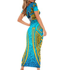 Gold Coast Titans Rugby Family Matching Short Sleeve Bodycon Dress and Hawaiian Shirt Polynesian Tribal Spartan Warrior Blue Gold Pattern