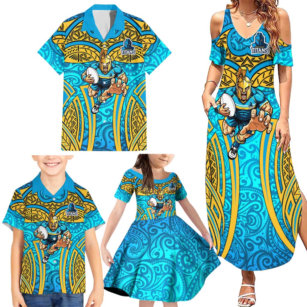 Gold Coast Titans Rugby Family Matching Summer Maxi Dress and Hawaiian Shirt Polynesian Tribal Spartan Warrior Blue Gold Pattern